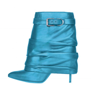 Suede Stiletto Women High Thin Heels Fold Over Short Booties Girl's Belt Buckles Ankle <b>Boots</b> Overlay Pleated Upper Shoes - Product Image 5
