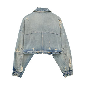 Veste courte en jean pour femme à col à revers et fermeture éclair, avec décoration à trous, Tendance - Product Image 2