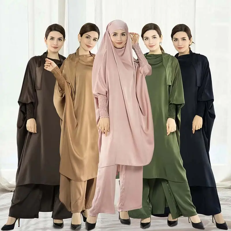 2024 Hot Sell Fashion Ramadan Ladies Abaya 2PCS Satin Top And Pants Abaya Set Muslim Girls Abaya Islamic Clothing