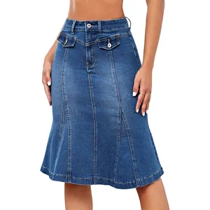 Jeans váy phụ nữ denim biểu tượng tùy chỉnh mềm denim váy với Flip denim váy Chiều dài đầu gối thoải mái