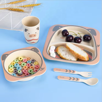 Ensemble Vaisselle Design Minimaliste pour Enfants en Fibre de Bambou, Assiettes Écologiques, Vaisselle Animaux Dessins Animés en Bambou et Mélamine pour Enfants