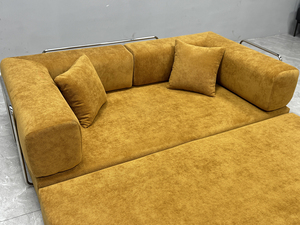 Sofá en Forma de L con Chaise Longue, de Metal Brillante, con Tela Texturizada a Rayas Amarillo Cálido, Estilo Industrial Moderno - Product Image 4