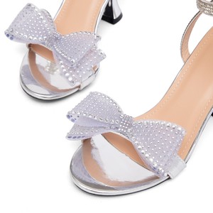 Women High Heel <b>Sandals</b> Open Toe Rhinestone <b>Bow</b> Ankle Strap Silver Fashion Summer Outdoor - Product Image 2