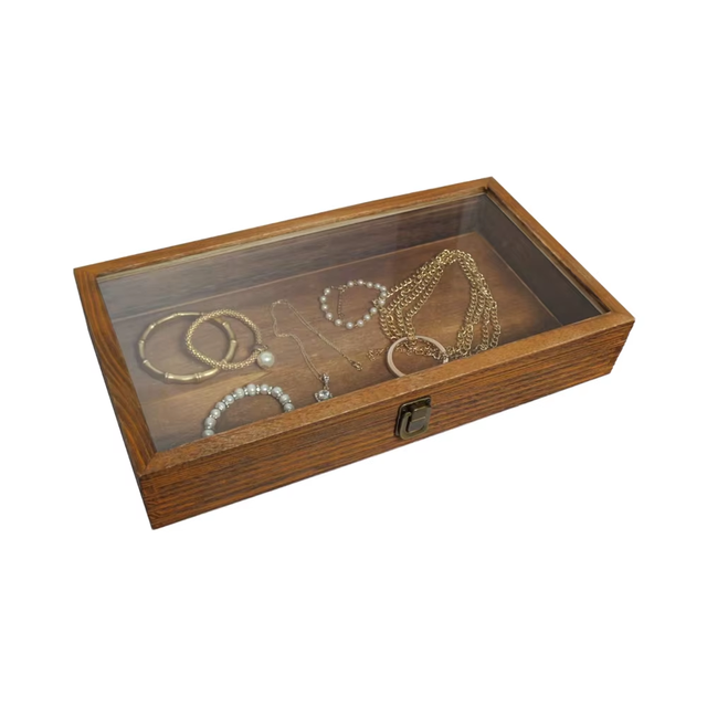 Wooden Glass Top Jewelry Display Cabinet Metal Buckle Tempered Glass Cover Home Organization Box Storage for Wooden Collectibles
