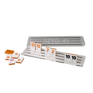 Two Tone Orange and White Rummy Travel Game Set Acrylic <strong>Rummikub</strong> With 4 Wooden Base Suit for Game Night and Gatherings - Product Image 1