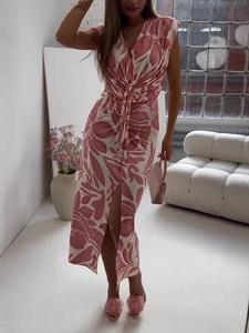 Robe midi pour femme à col en V avec nœud torsadé, style européen et américain, manches courtes, imprimé feuilles abstraites, fente latérale, coupe ajustée, robe de soirée - Product Image 5