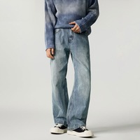 Pantalon en jean américain droit délavé pour homme avec motif bambou, coupe ajustée haut de gamme, léger, en denim bleu clair délavé à l'eau
