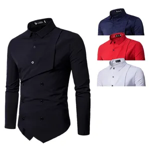 Großhandel Männer New Arrival Court Style Zweireiher Shirt Langarm Revers Kragen Knopf Einfarbig Casual Shirt