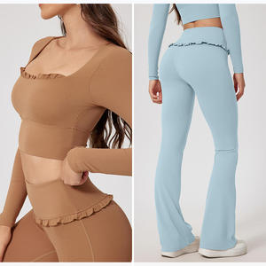 Set Yoga Personalizzati in Tessuto Elasticizzato, <span class=keywords><strong>Top</strong></span> Corto a Maniche Lunghe Rosa Unico per Palestra, Leggings da Allenamento, Pantaloni Yoga a Zampa per Donne - Product Image 5