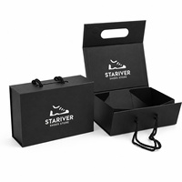 Boîte à chaussures pliable magnétique en gros, noire mate, avec logo sérigraphié, pour emballage de baskets, avec poignée robuste en corde torsadée
