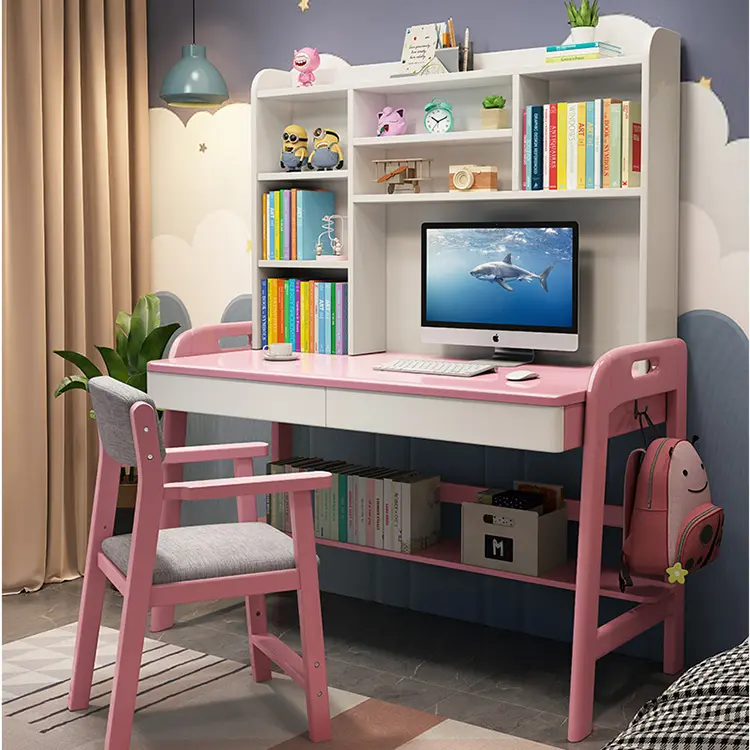 싱글 시트 어린이 침실 서랍 수납 디자인 홈 핑크 높이 조절 학생 독서 단단한 나무 공부 테이블