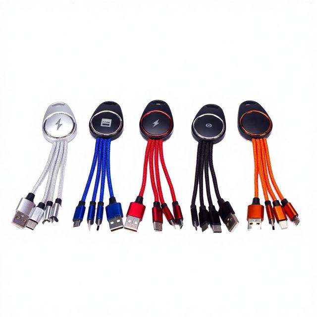 3 in 1 Multi Nylon Type C Cable Charger Electronic Gadgets Hot Promotion Gifts LED Logo Durable Keyring USB Charger Keychain