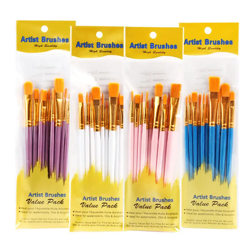 Profesyonel 10 adet/takım naylon saç sanatçı boyama fırçaları sanat boyama için suluboya plastik saplı yağlı boya fırçaları