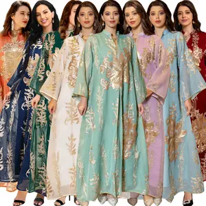 中东跨境金色亮片贾拉比亚加大码刺绣纱穆斯林女性迪拜阿巴亚连衣裙开斋节穆巴拉克女士