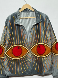 Women's <b>Velvet</b> <b>Jacket</b> Mandarin Collar Hand Embroidered Eye Pattern Full Sleeve Autumn Style Geometric Design Pullover Coat - Product Image 2