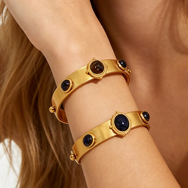Trendy 18K Gold Plated Stainless Steel Natural Stone Tiger Eye Blue Sandstone Open Cuff Bangle Bracelet for Women