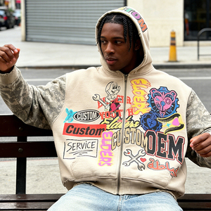 Sudadera con capucha para hombre, estilo urbano, con cremallera, de corte holgado, de gran gramaje (400 GSM), con efecto desgastado y desgusado, personalizada con impresión digital OEM - Product Image 1