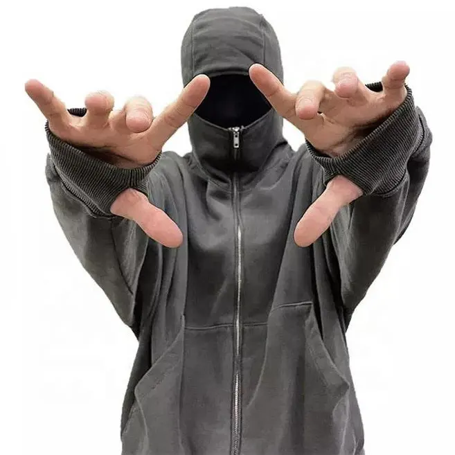 Bai sheng Custom Hochwertige schwere säure gewaschene Hoodie Overs ize Ninja Zip Up Face Cover Hoodie für Männer