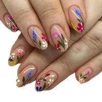 Lot de 24 faux ongles nude à motifs floraux pour le Nouvel An, forme amande ou cercueil, en ABS, pré-dessinés, couvrance totale, longueur moyenne, pour DIY et salon