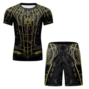Vente en gros de compression <span class=keywords><strong>Spiderman</strong></span> Rash Guard à manches courtes BJJ Jiu Jitsu Gym T Shirt MMA Boxing Shorts Set pour hommes Logo personnalisé - Product Image 1