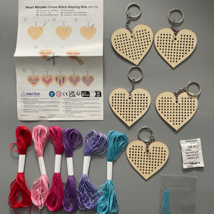 Heart Shaped Wooden Cross Stitch Keyring Kit with Ribbon Cotton Fabric for Gift, Embroidery Crafts Cross-Stitching & Needlework