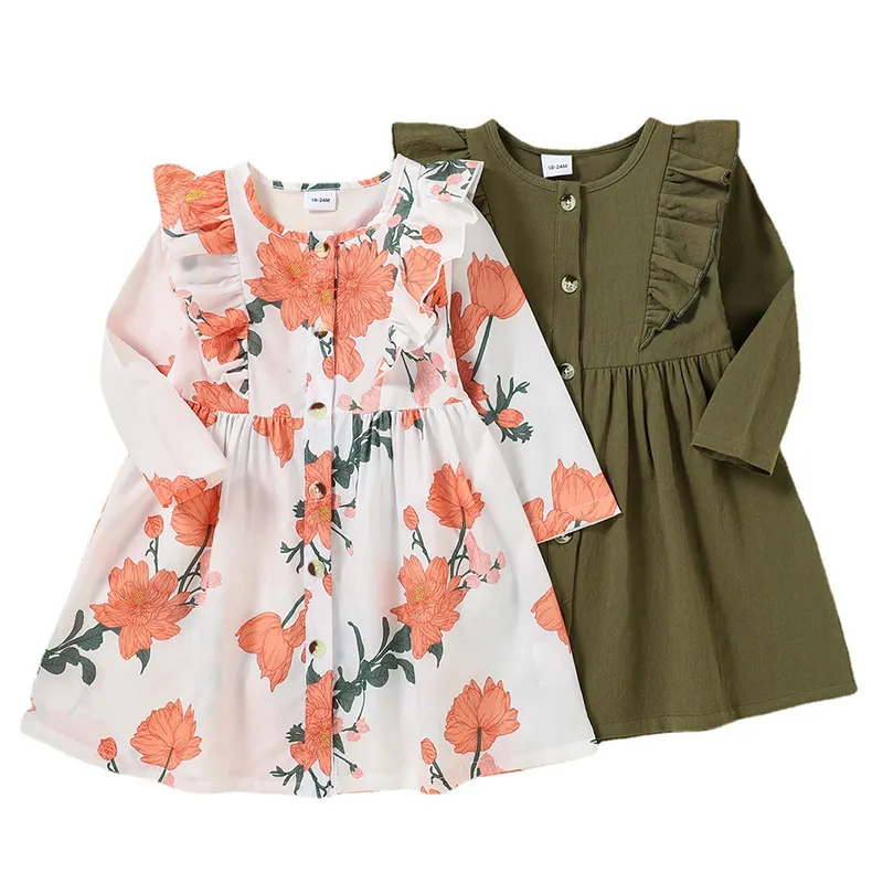 Robe à volants pour filles, vêtements pour enfants, tenue de princesse, manches longues, avec boutons floraux, nouvelle collection