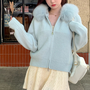 Nuovo Waffle da donna lavorato a maglia in pelliccia di volpe naturale con cappuccio Cardigan uncinetto con cerniera maglioni cappotto invernale tinta unita <span class=keywords><strong>vestiti</strong></span> corti Top manica lunga - Product Image 4