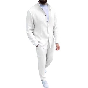 Survêtements décontractés deux pièces pour hommes à la mode vêtements tricotés Vintage confortables LOGO personnalisé bouton chemise plissée ensembles pour hommes - Product Image 2