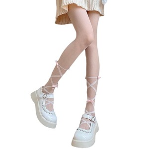 Lolita Calf Length Lace Up Stockings With Bow Milky White Transparent Women's Shaping Leggings Knee High Thin Solid Color - Product Image 5