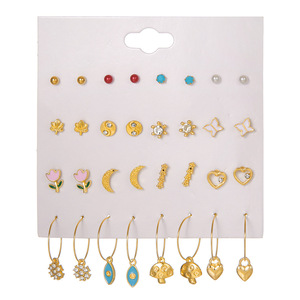 Pendientes de moda, juego de 16 pares, tono dorado, flor, luna creciente, corazón, pendientes de aro para mujer, regalo - Product Image 5