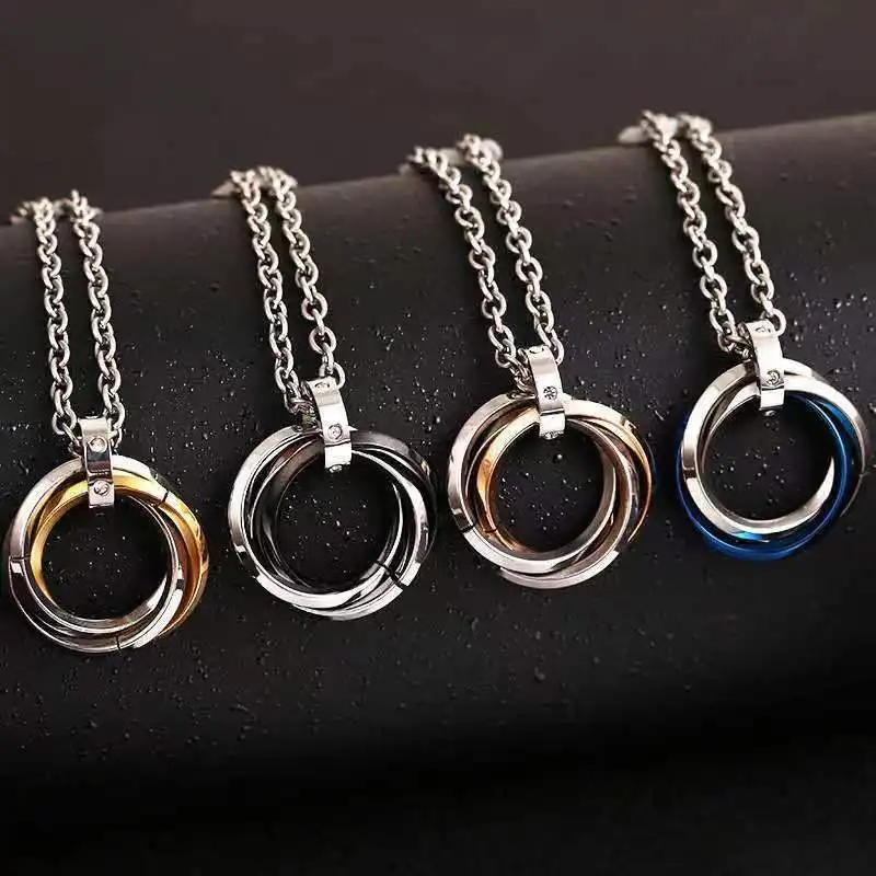 Couple Three Round Rings Linked Charm Hip Hop Titanium Steel Zircon Ring Pendant Necklace Fashion Jewelry