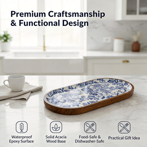Vassoio da portata ovale in legno di acacia certificato FSC 2026, stoviglie per la casa, piatti floreali blu per caffè e dessert, nuovi accessori da <span class=keywords><strong>cucina</strong></span> - Product Image 6