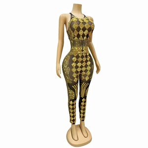 Tuta Sexy Trasparente in Rete Nera con Brillanti Strass Dorati per Danza dello Xinjiang, Abbigliamento da Festa per Cantanti e Ballerine - Product Image 3