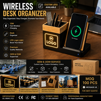 Organisateur de bureau en bambou avec chargeur sans fil, porte-stylo, support de téléphone, station de charge rapide, logo personnalisé, cadeau d'entreprise, fabriqué en Chine