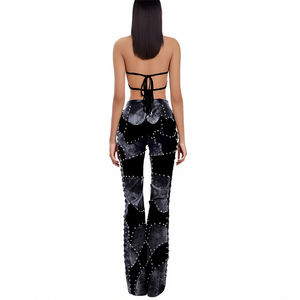 Custom Women's <strong>Clothing</strong> Lace up Front Open Backless Sexy Top and Beaded Leather Flare Pants Set Sexy Top and Pants 2 Pieces Set - Product Image 4