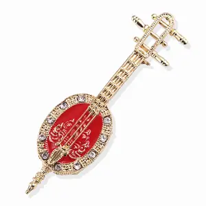 High Quality Exquisite Elegant Metal Alloy Lapel Pins Ethnic Style Enamel Rhinestone Chinese Lute Violin Brooch Pin