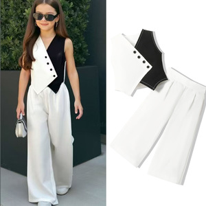 Nuovo Completo da Ragazza con Gilet a Contrasto di Colore, Top con Scollo a V, <span class=keywords><strong>Pantaloni</strong></span> a Gamba Larga in Bianco e Nero - Product Image 1