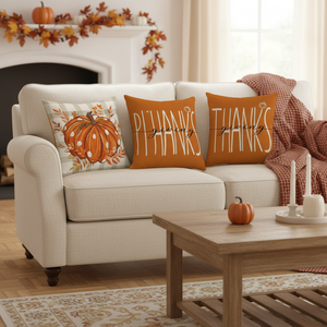 Ensemble de 4 coussins décoratifs 18x18 pouces avec motifs citrouille et feuille d'érable en aquarelle pour la récolte d'automne et la décoration de Thanksgiving - Product Image 3