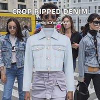 Jaket Denim Wanita Lengan Panjang Model Crop Sobek Warna Biru Muda dengan Hiasan Kancing untuk Musim Semi, Musim Dingin, Musim Panas.