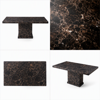 Table à manger rectangulaire moderne en marbre artificiel brun foncé avec base lourde sur piédestal pour villa, hôtel, restaurant, personnalisable