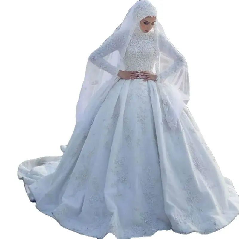 F901 Dubai abaya thời trang cô dâu cộng với kích thước dài tay áo ren khiêm tốn Wedding Dresses đối với người Hồi giáo phụ nữ