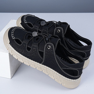 Sandales d'été en cuir pour hommes, plates, respirantes, ajourées, à bande élastique, à enfiler, pour la conduite, marron - Product Image 2