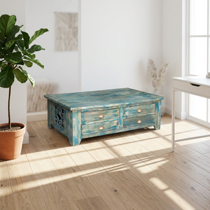 Mesa de centro de madera azul envejecida con cuatro cajones, hecha a mano, para conjunto de sofá, casa de campo, hotel - Product Image 1