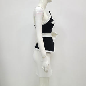 Novance B3118 Leveranciers Van Kleding Zomer <span class=keywords><strong>2</strong></span> Stuk Vrouwen Korte Set Wit En Zwart Off Shoulder Kantoor Vrouwen Sexx Bodycon Jurk - Product Image 4