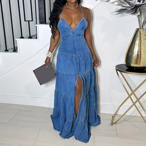 Robe décontractée en jean pour femme, nouvelle collection été 2026, col en V, sexy, sans manches, boutonnée, vente en gros - Product Image 1