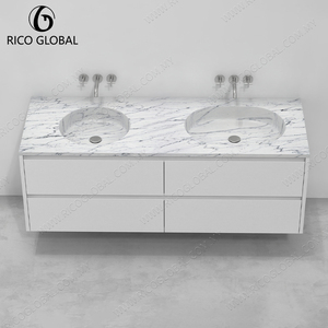 Meuble-lavabo mural moderne avec plateau en marbre, vasque en céramique, design rectangulaire minimaliste de 60 pouces, tiroirs à fermeture douce - Product Image 3