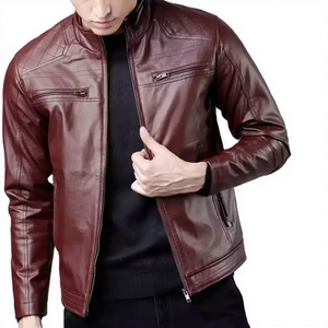 <b>Mens</b> Real Maroon Leather <b>Jacket</b> Quilted Shoulder Band Collar Sheepskin Burgundy Cafe Racer Coat Custom Biker Winter Outerwear - Product Image 1