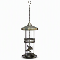 Mangeoire à oiseaux en métal avec tube transparent, ornement libellule, dôme décoratif, plateau à graines, chaîne de suspension, décoration de jardin, style antique, écologique