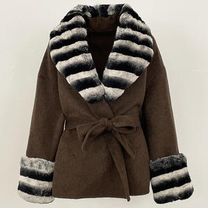고품질 울과 캐시미어 코트 토끼 친칠라 털 칼라와 커프스 여성 겨울 코트 - Product Image 4
