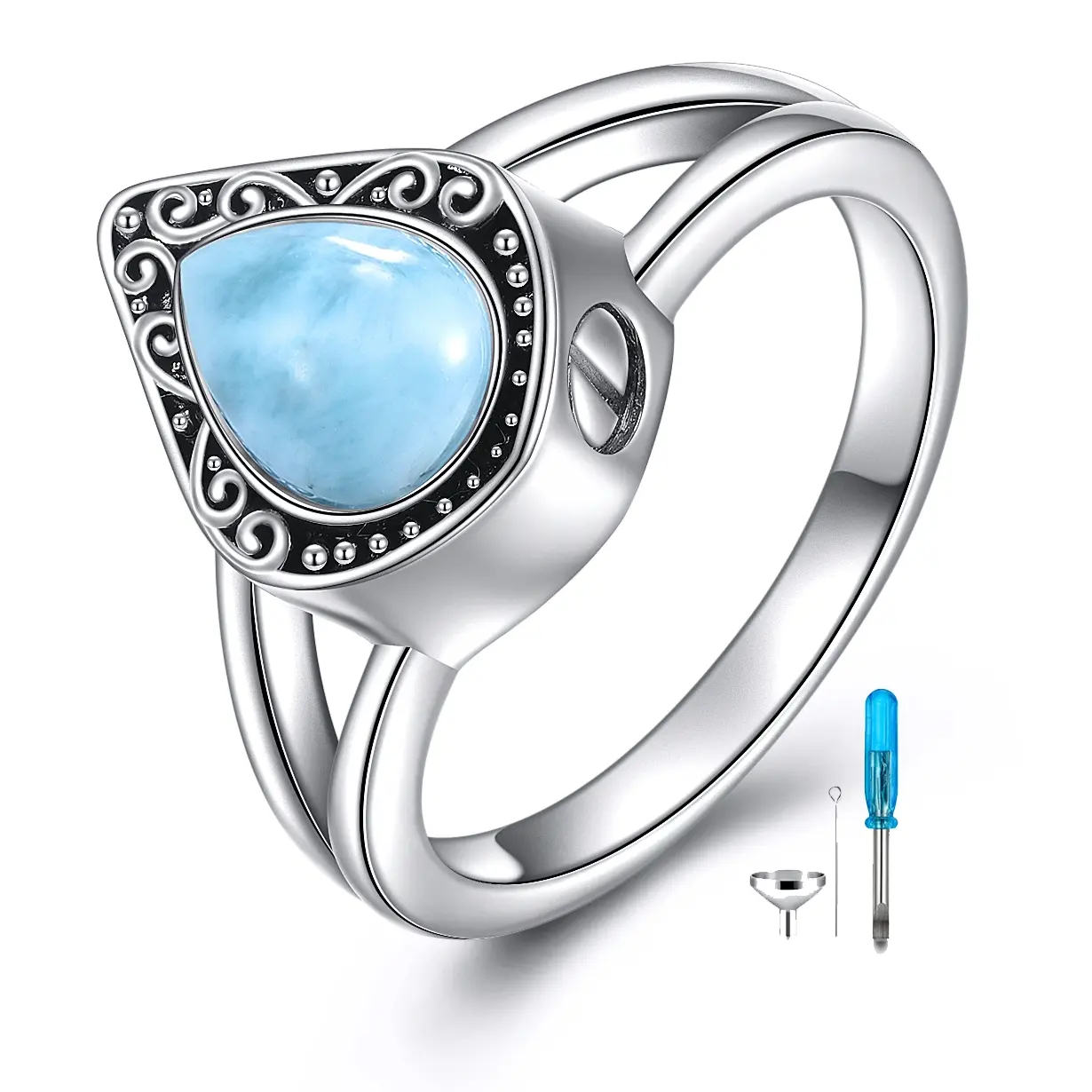 Wholesale Natural Stone 100% Rings Sterling Silver Drop Shape Filigree Larimar Urn Ring for Ashes Cremation Jewelry